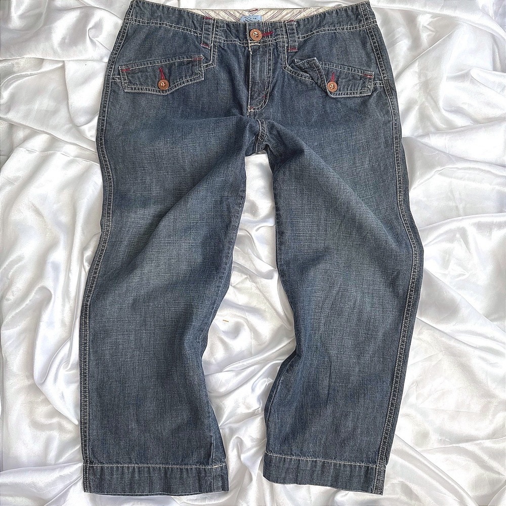 Bass Jeans Womens 6 Dark Wash Denim Crop Utility Pants Wide Leg Front